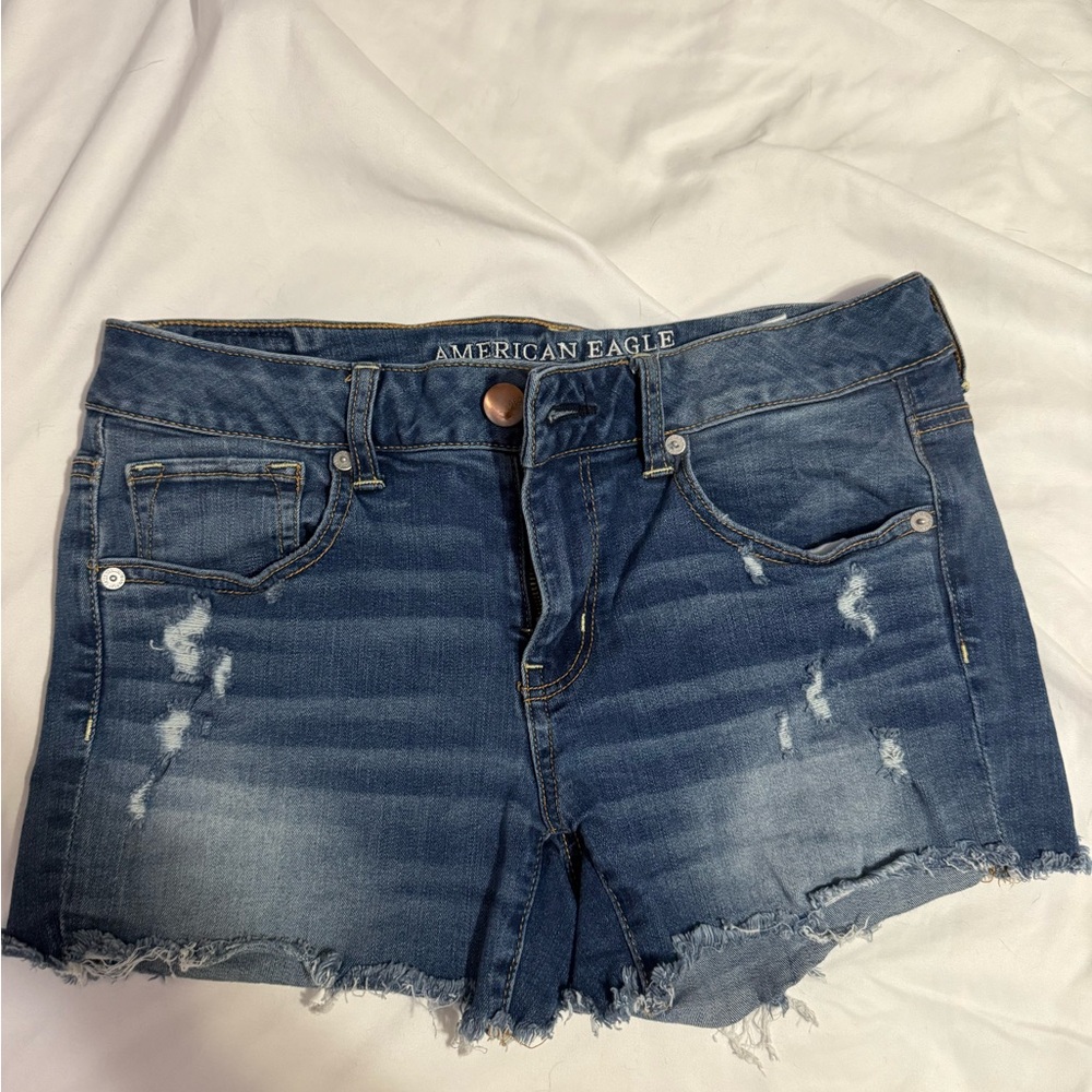 American Eagle Outfitters Women's Dark Blue Distressed Denim Shorts